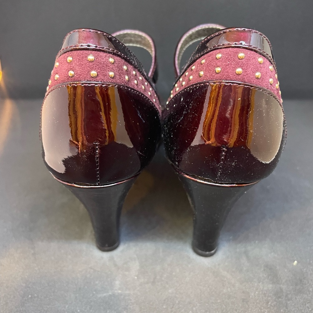 Sofft Burgundy Patent Mary Jane Peep-Toe Heels with Stud Accents - Picture 3 of 7